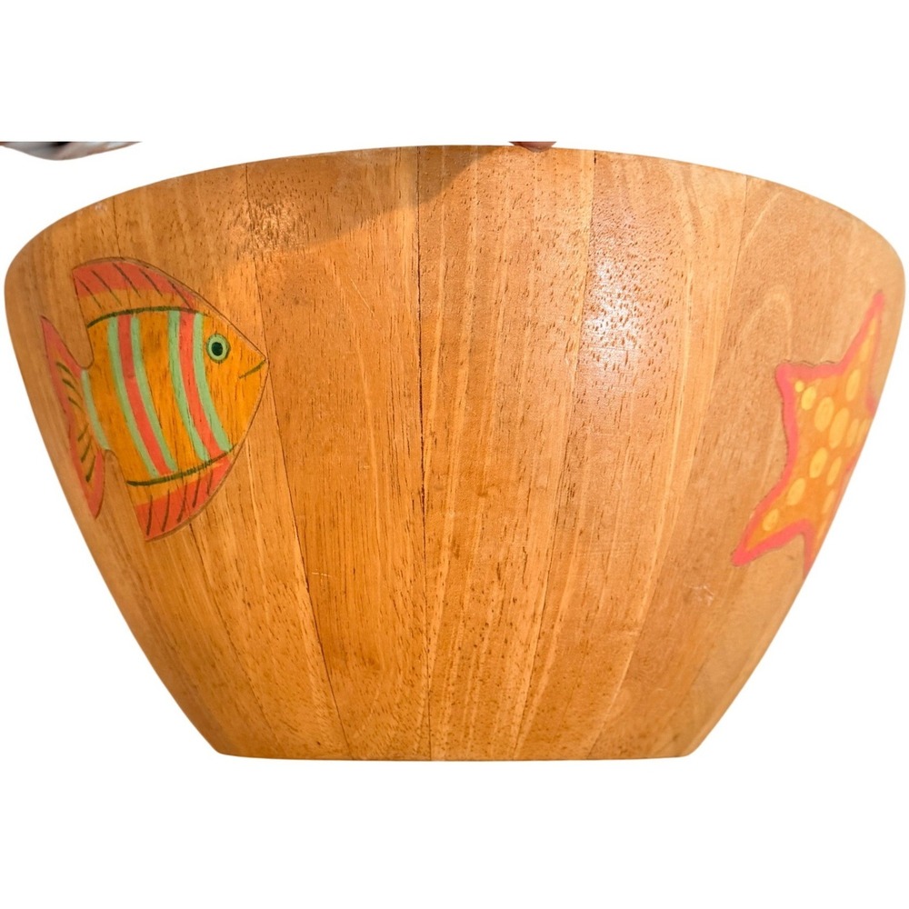 Clay Art Wood Serving Bowl Vintage 2001 Hand Painted Fish Starfish Coastal Boho